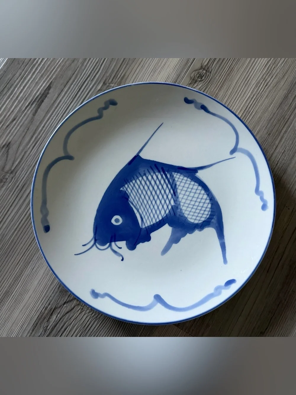 Vintage Blue/White Porcelain Chinese Koi Fish Shallow Plate Handpainted 9”